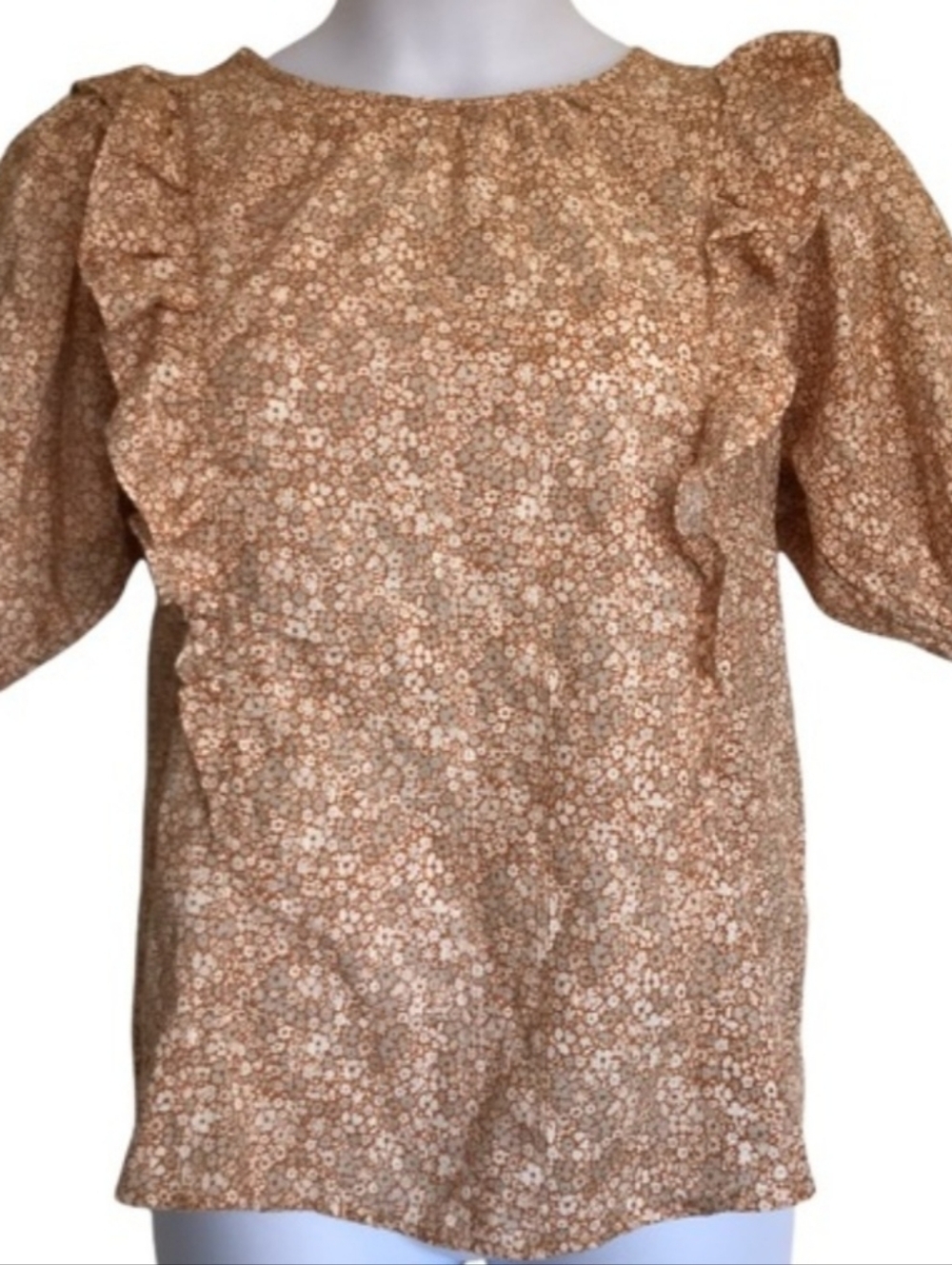 Universal Thread Beige Floral Print Ruffle Puff Sleeve Blouse, Button, XS, NWT